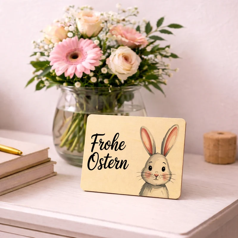 Grauer Hase Aquarell Frohe Ostern Postkarte aus Holz