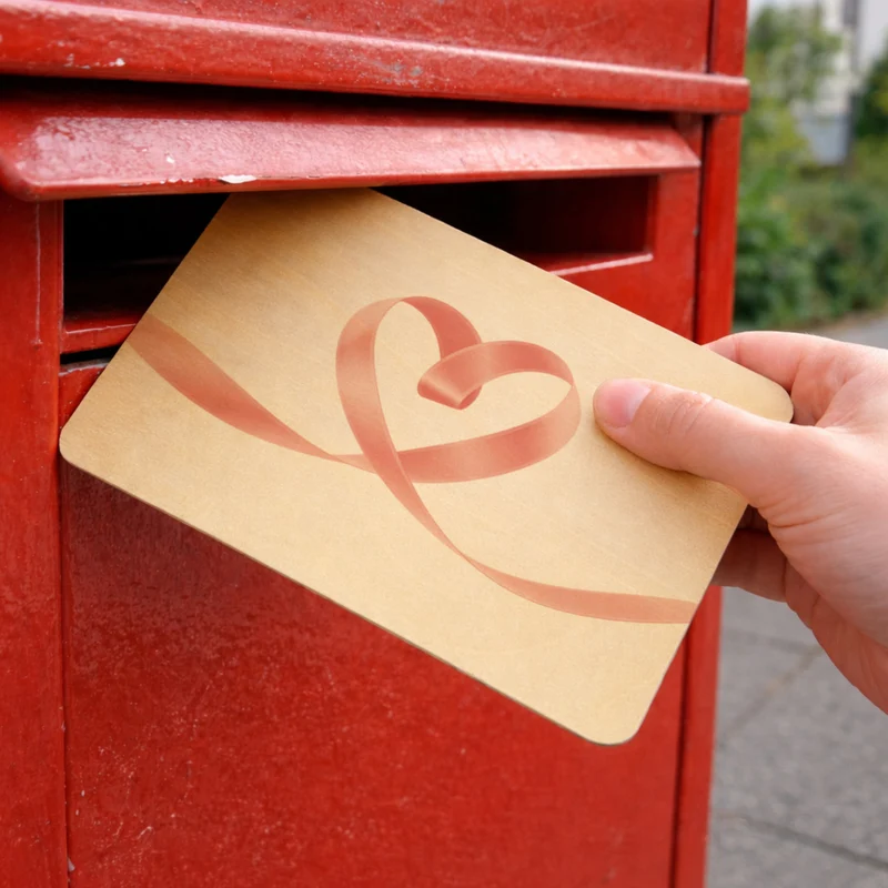 Herz Schleifenband Postkarte aus Holz