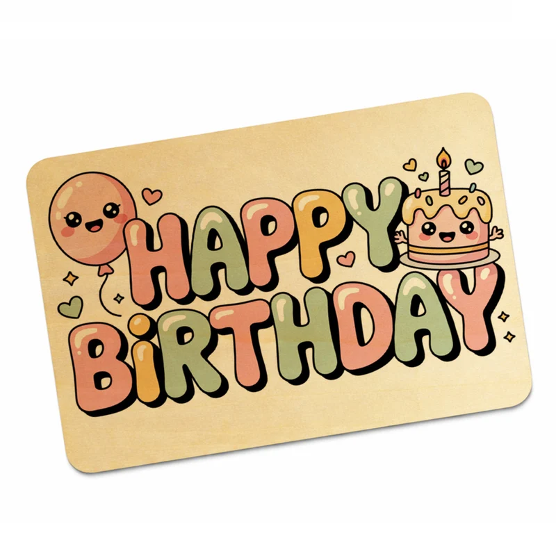 Kawaii Happy Birthday Postkarte aus Holz
