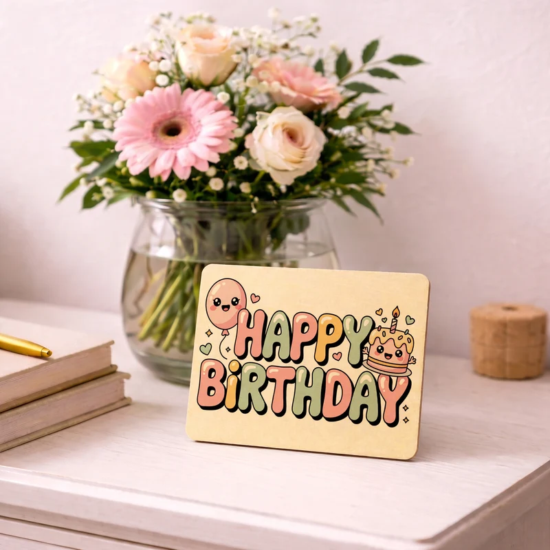 Kawaii Happy Birthday Postkarte aus Holz