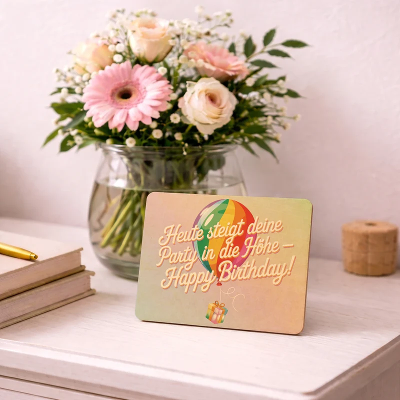 Regenbogenballon Postkarte aus Holz Heute steigt deine Party