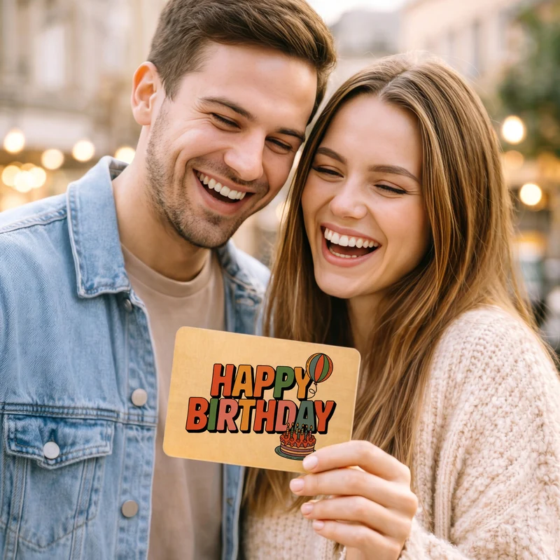 Retro Ballon Happy Birthday Postkarte aus Holz