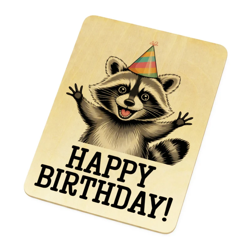 Cartoon-Waschbär Happy Birthday! Postkarte aus Holz