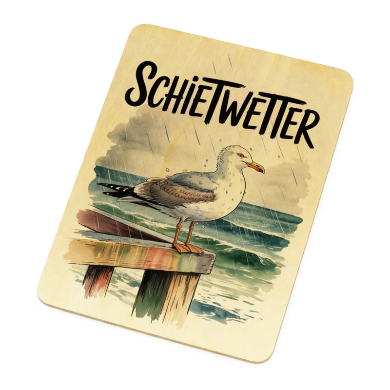 Möwe im Regen Postkarte aus Holz - SCHIETWETTER
