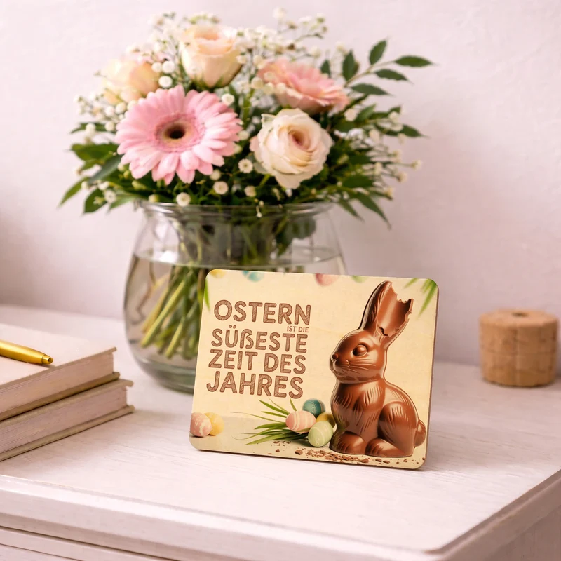 Schokoladen-Osterhase Postkarte aus Holz mit Ostern Spruch