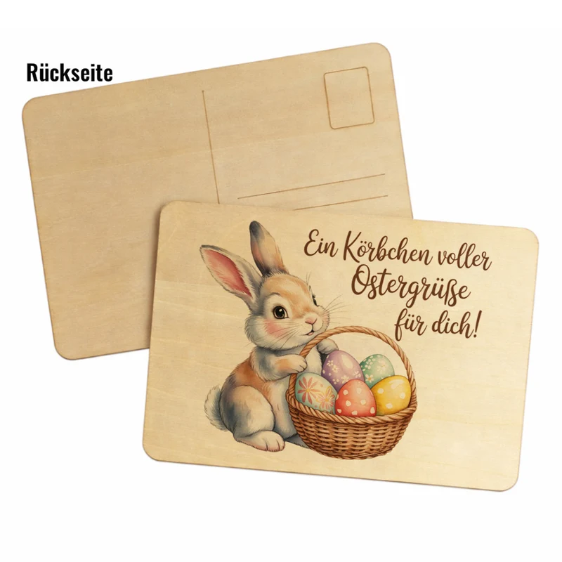Ein Körbchen voller Ostergrüße Postkarte aus Holz mit Osterhase