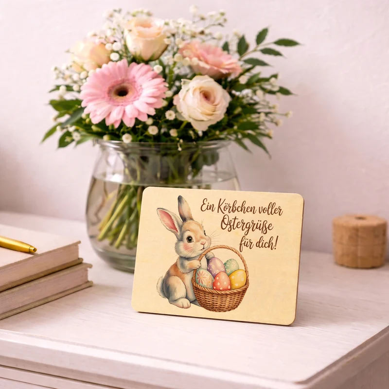 Ein Körbchen voller Ostergrüße Postkarte aus Holz mit Osterhase