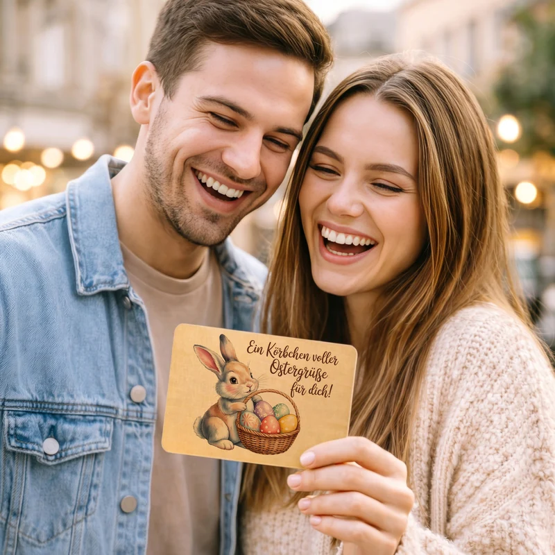 Ein Körbchen voller Ostergrüße Postkarte aus Holz mit Osterhase
