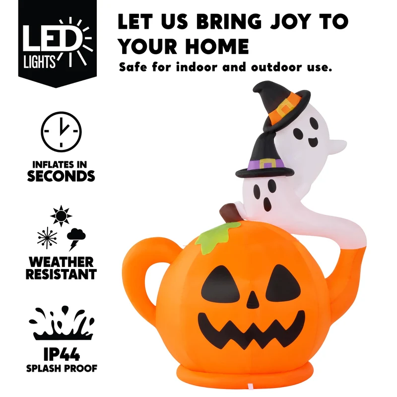 Joiedomi 5FT Halloween Inflatable Spooky Pumpkin Teapot with Ghosts