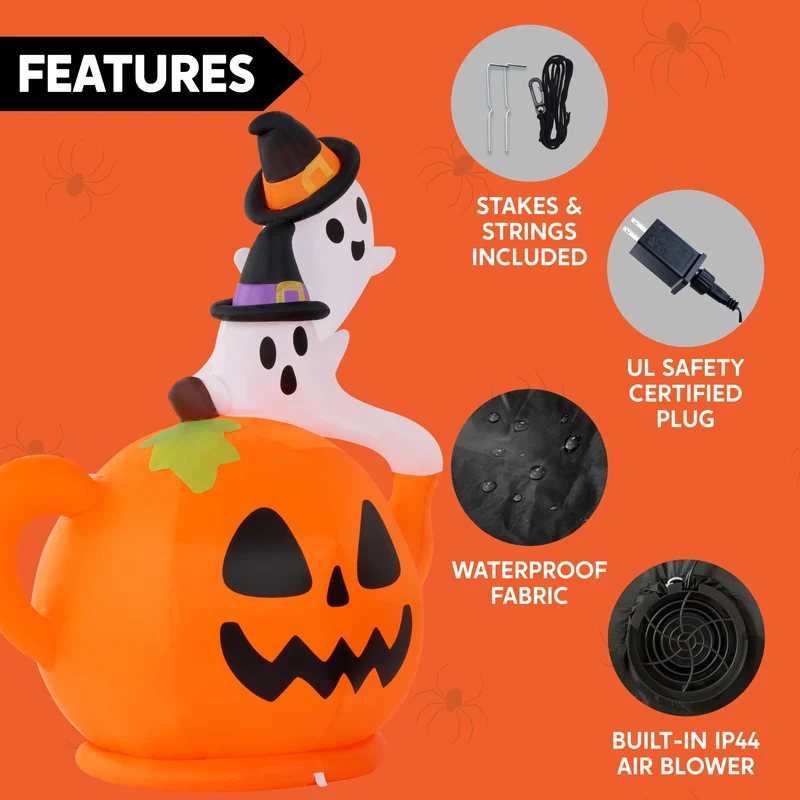 Joiedomi 5FT Halloween Inflatable Spooky Pumpkin Teapot with Ghosts