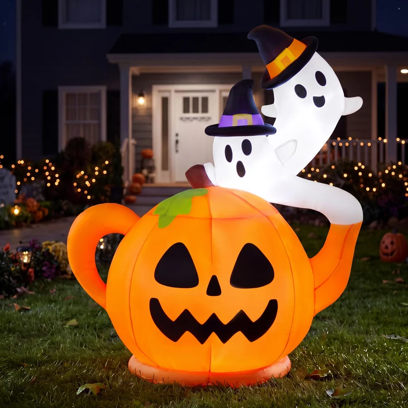 Joiedomi 5FT Halloween Inflatable Spooky Pumpkin Teapot with Ghosts