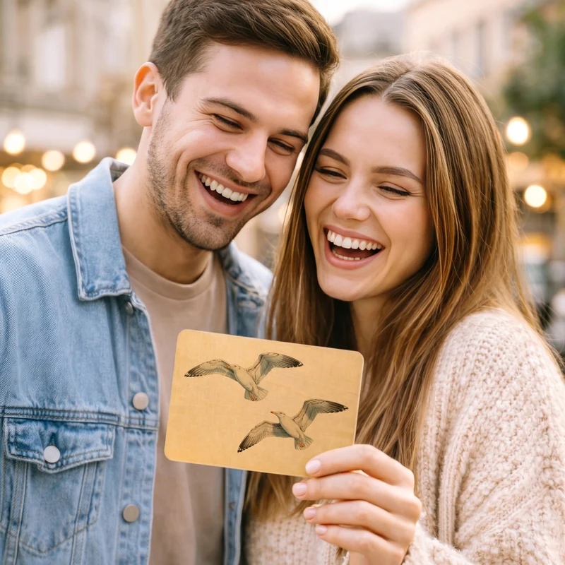 Möwen im Flug Postkarte aus Holz maritim