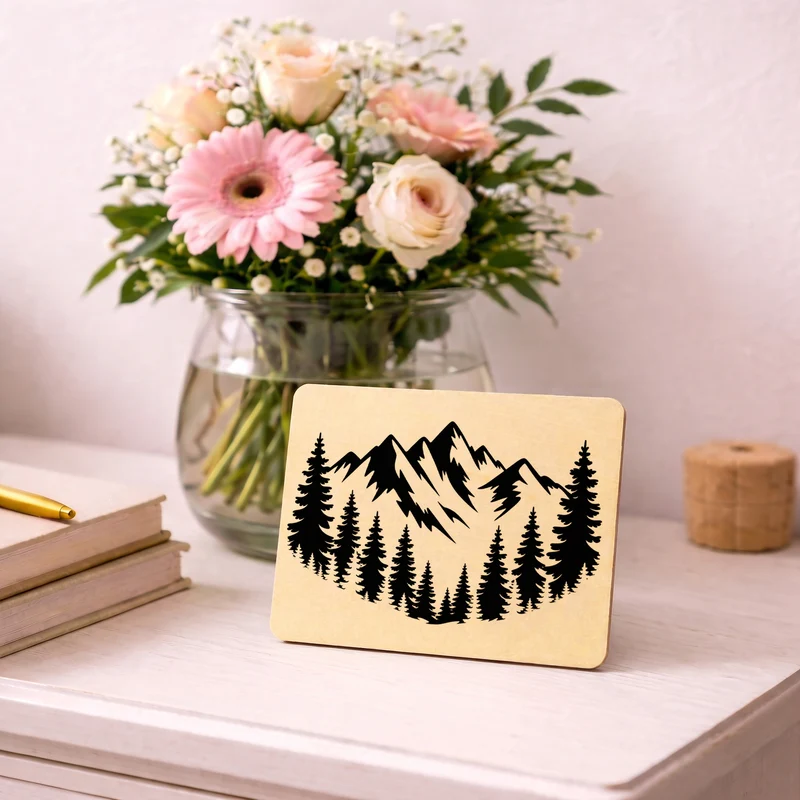 Berge und Wald Postkarte aus Holz für Naturfreunde