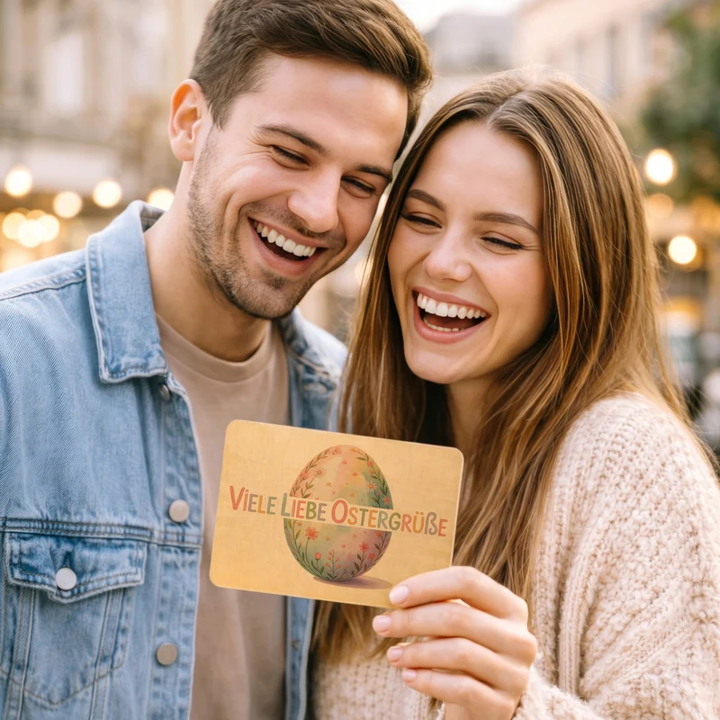 Viele liebe Ostergrüße Postkarte aus Holz mit Aquarell-Osterei