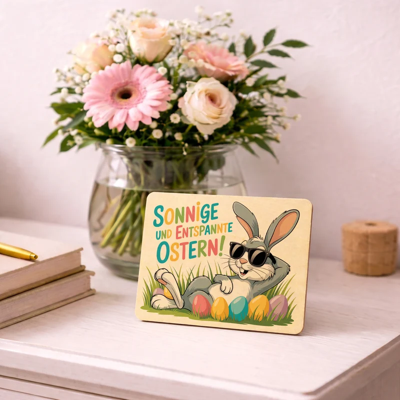 Cooler Osterhase Postkarte aus Holz Sonnige und entspannte Ostern