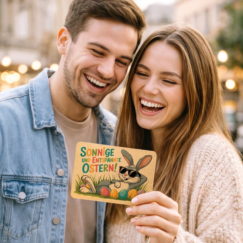 Cooler Osterhase Postkarte aus Holz Sonnige und entspannte Ostern