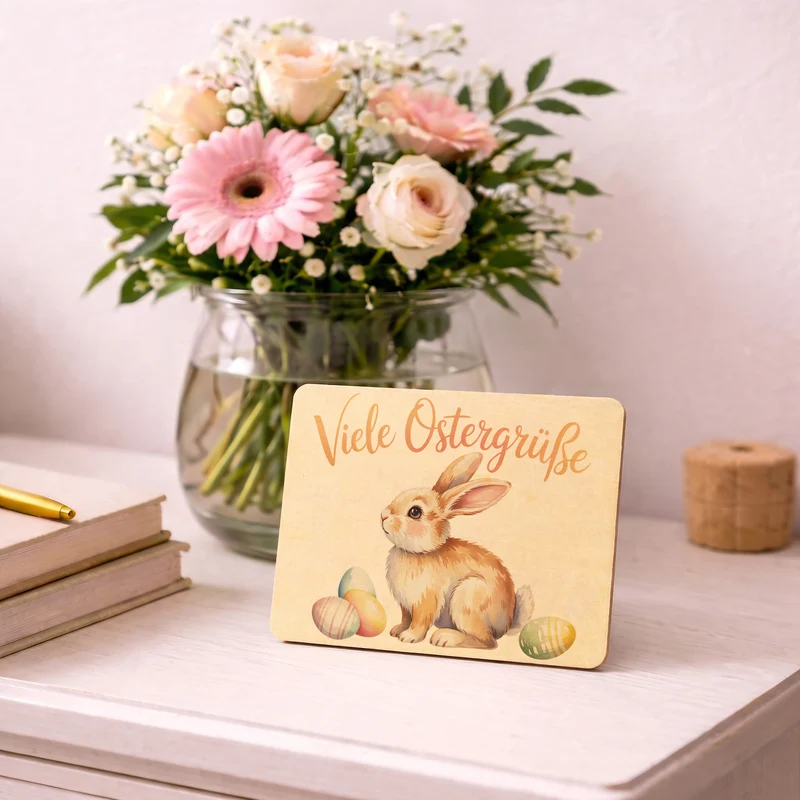 Osterhase Aquarell Postkarte aus Holz Viele Ostergrüße