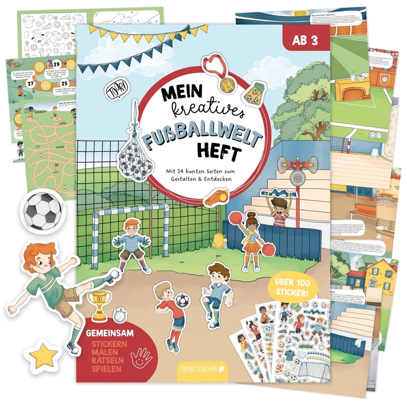 Papierdrachen Mein kreatives Fußballwelt Heft - Malen, Rätseln, Stickern