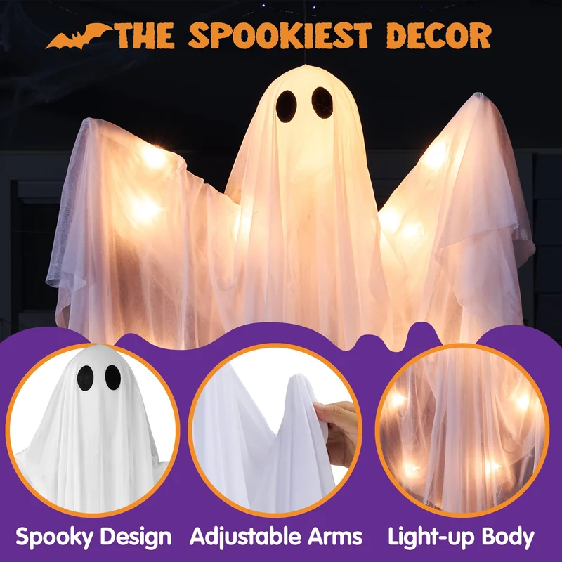 JOYIN 47" Light-Up Hanging Ghost with Warm LED & Timer