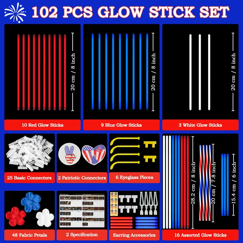 JOYIN Red, White & Blue 4th of July Glow Sticks & Accessories Pack