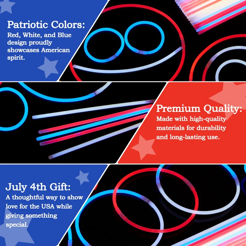 JOYIN Patriotic Glow Sticks Party Pack - 200 Pcs Red, White & Blue