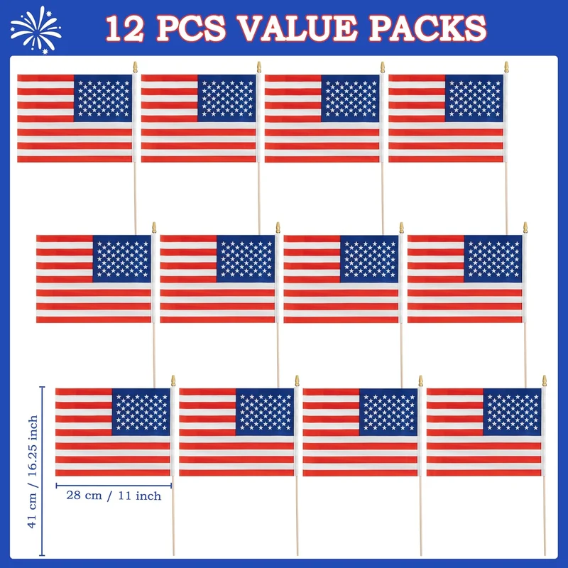 JOYIN Patriotic 11" x 8" Fabric USA Flags with Wooden Poles - 12 Pcs