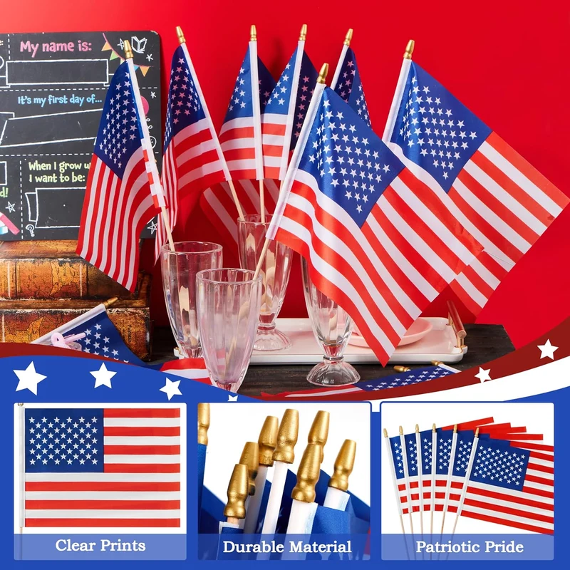 JOYIN Patriotic 11" x 8" Fabric USA Flags with Wooden Poles - 12 Pcs