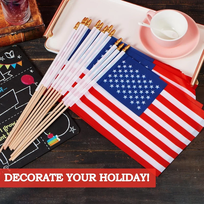 JOYIN Patriotic 11" x 8" Fabric USA Flags with Wooden Poles - 12 Pcs
