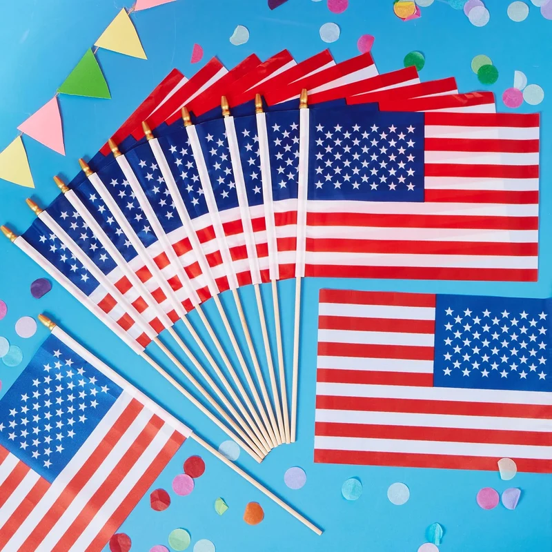 JOYIN Patriotic 11" x 8" Fabric USA Flags with Wooden Poles - 12 Pcs