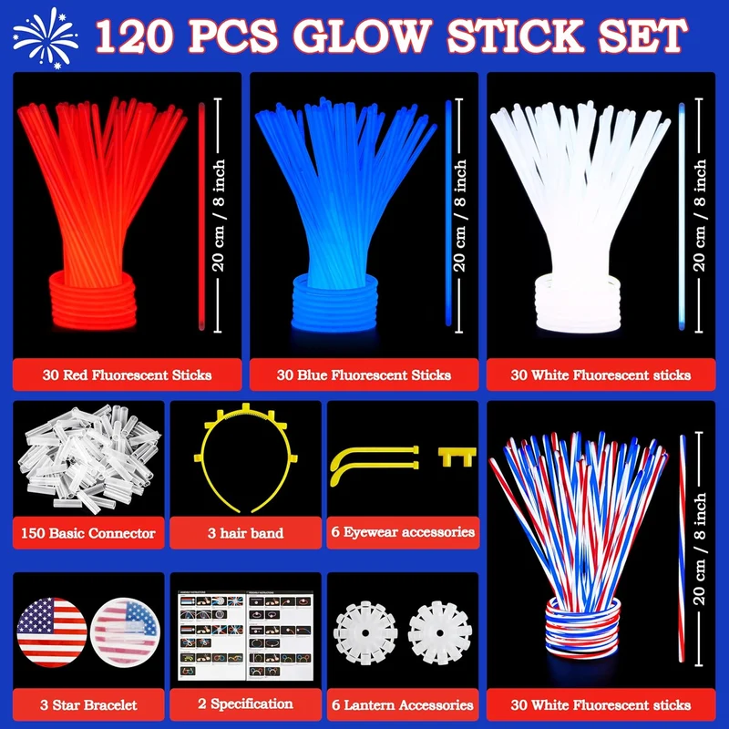 JOYIN 4th of July Patriotic Glow Sticks Bulk (120 Pcs)