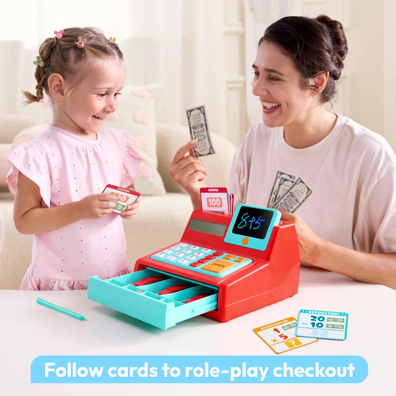 lalalark Kids Cash Register Toy with Play Money, Voice Calculator & Write Erase Pad - Educational Pretend Play Toy for Toddlers 3+