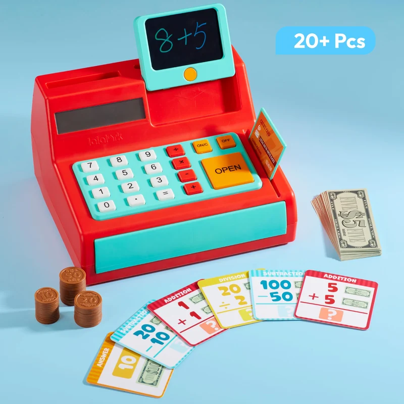 lalalark Kids Cash Register Toy with Play Money, Voice Calculator & Write Erase Pad - Educational Pretend Play Toy for Toddlers 3+