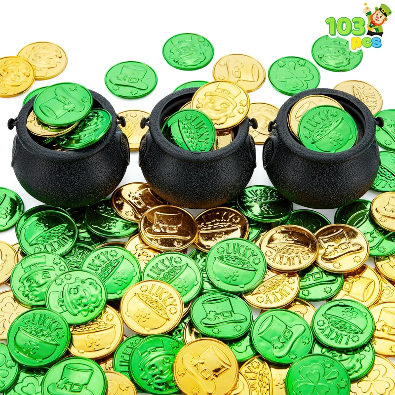 JOYIN 103 PCS St. Patrick's Day Cauldrons Set with Shamrock Coins