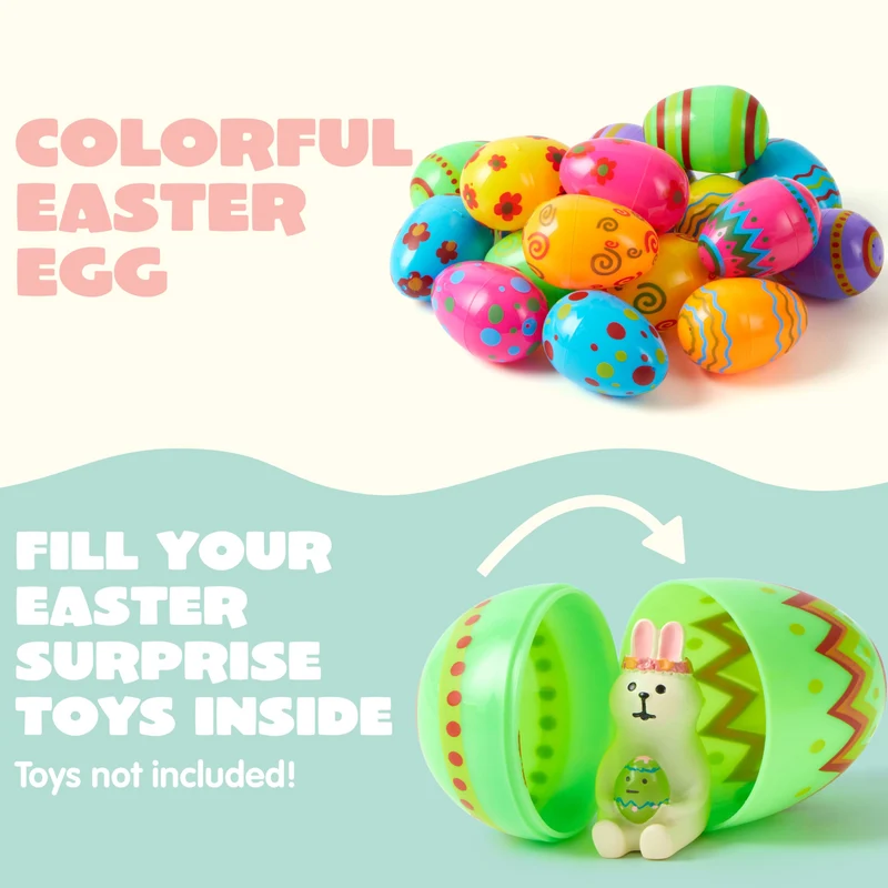 JOYIN 100 Pcs Plastic Printed Bright Easter Eggs 3.15'' Fillable Empty Eggs for Easter Hunt