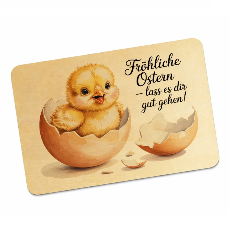 Küken aus Eierschale Postkarte aus Holz Fröhliche Ostern