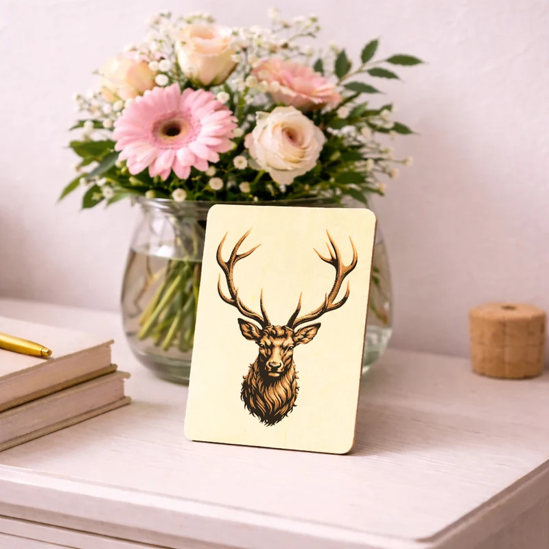 Hirsch mit prächtigem Geweih Postkarte aus Holz für Naturfans
