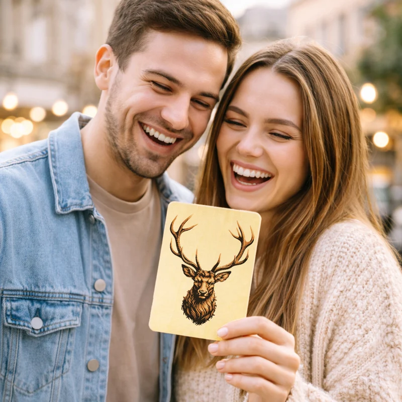 Hirsch mit prächtigem Geweih Postkarte aus Holz für Naturfans