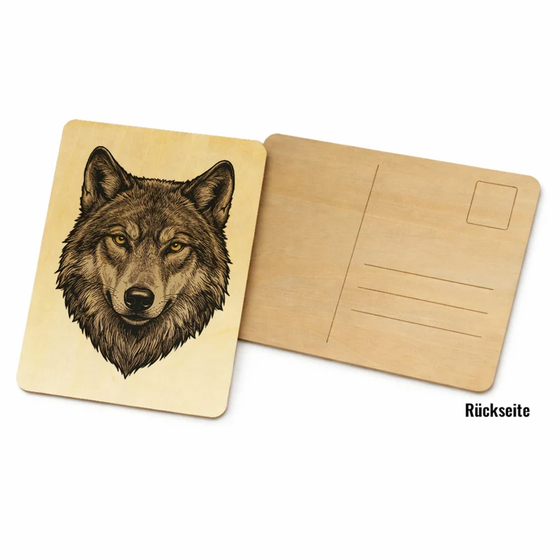 Grauer Wolf Postkarte aus Holz für Naturliebhaber