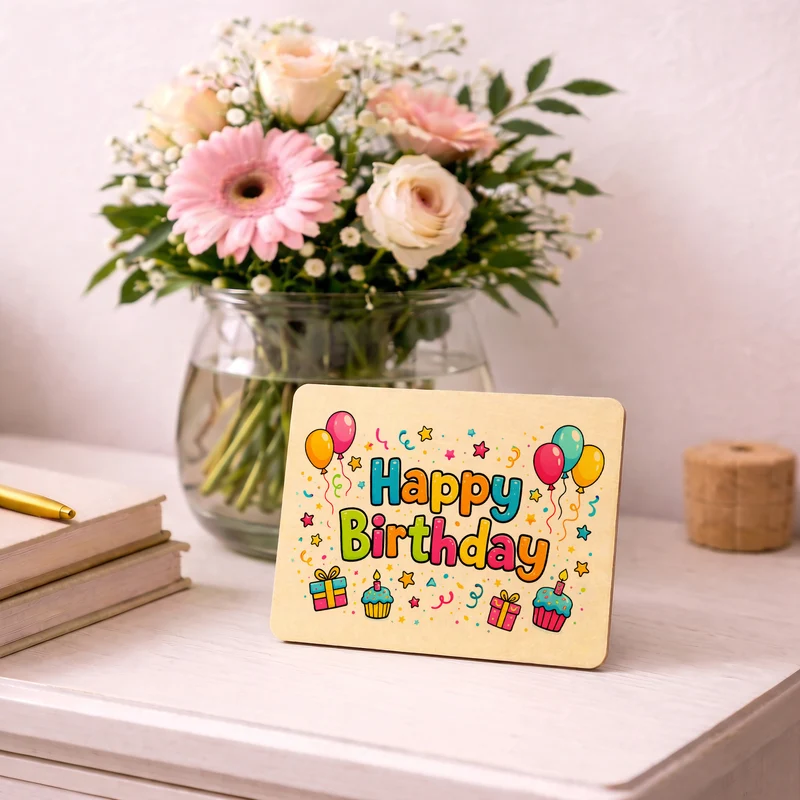 Happy Birthday Luftballons Postkarte aus Holz Kindergeburtstag