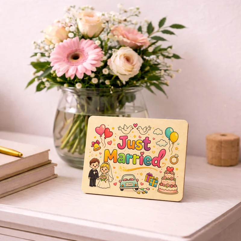 Just Married Regenbogen Hochzeit Postkarte aus Holz