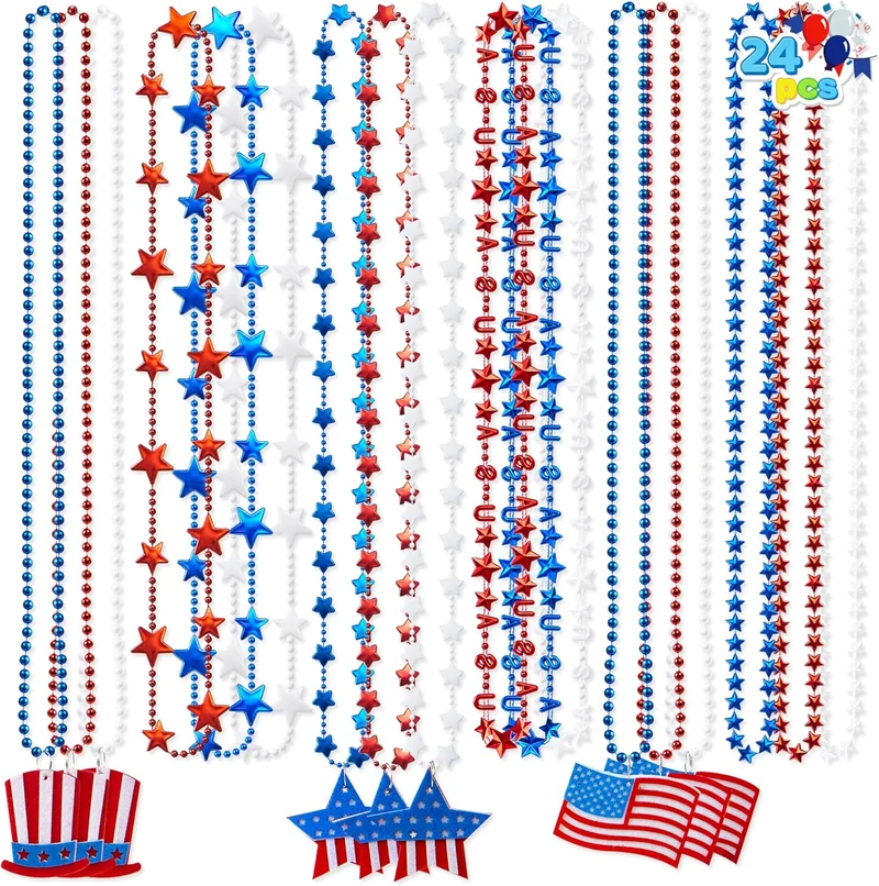 JOYIN Patriotic July 4th Beaded Necklaces with Holiday Pendants - 24 Pcs