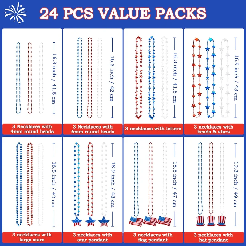 JOYIN Patriotic July 4th Beaded Necklaces with Holiday Pendants - 24 Pcs