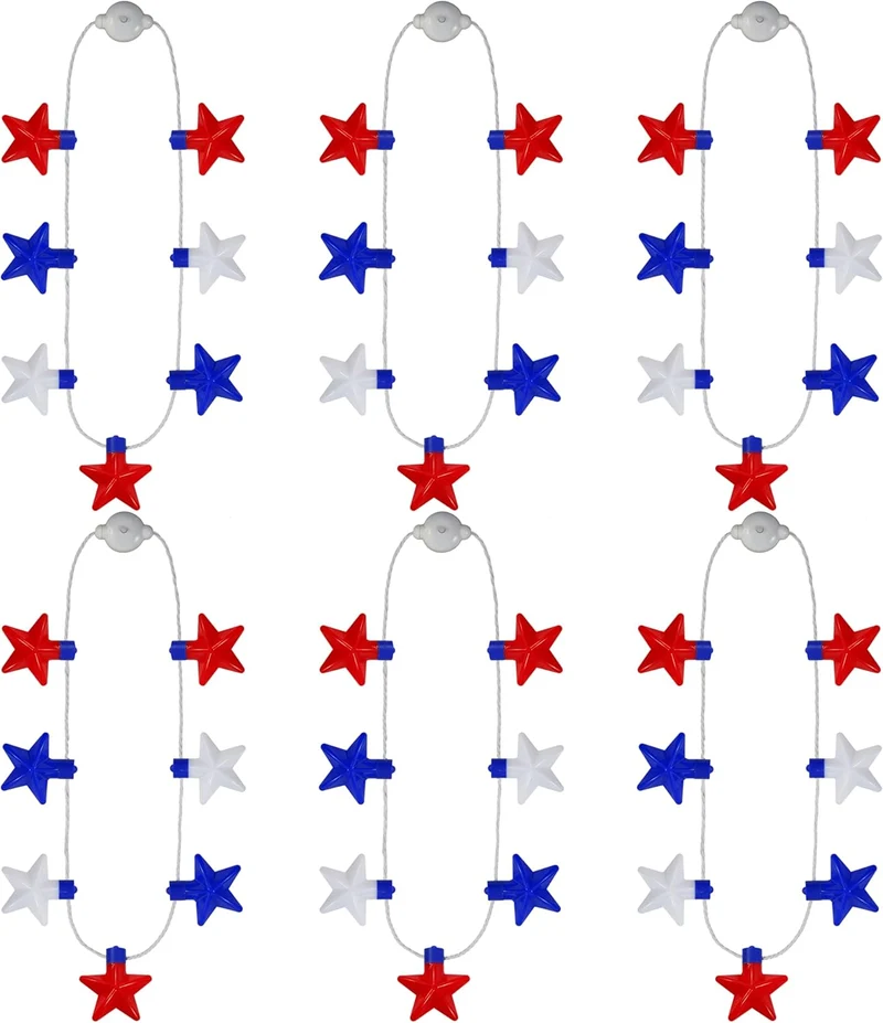 JOYIN Patriotic Red, White & Blue Light-Up Star Necklaces - 6 Pcs