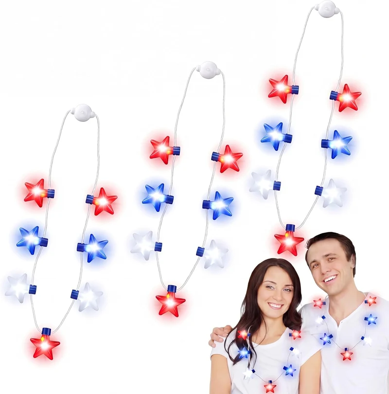 JOYIN Patriotic Red, White & Blue Light-Up Star Necklaces - 6 Pcs