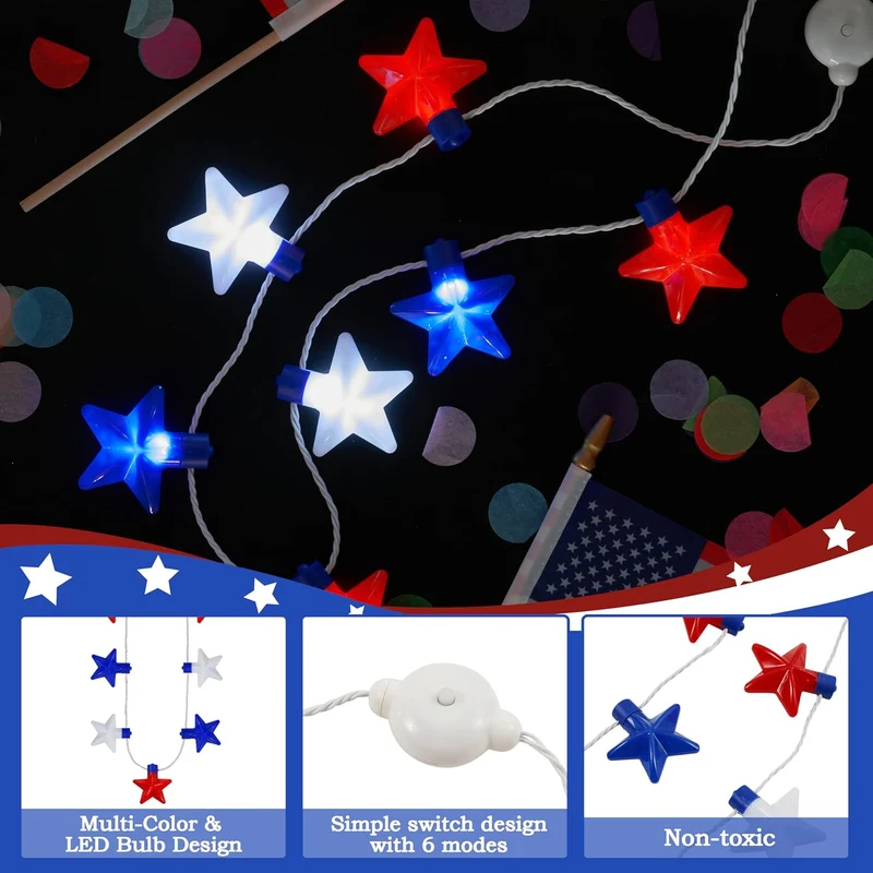 JOYIN Patriotic Red, White & Blue Light-Up Star Necklaces - 6 Pcs