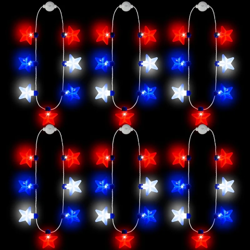 JOYIN Patriotic Red, White & Blue Light-Up Star Necklaces - 6 Pcs