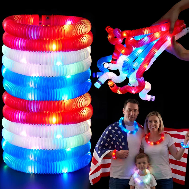JOYIN 12 Pcs 4th of July Patriotic Light Up Pop Tubes & Glow Sticks Set