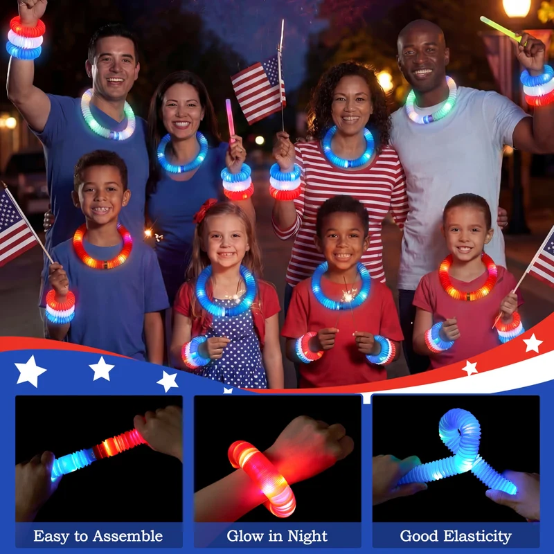 JOYIN 12 Pcs 4th of July Patriotic Light Up Pop Tubes & Glow Sticks Set