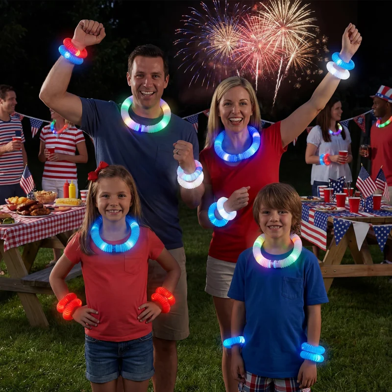 JOYIN 12 Pcs 4th of July Patriotic Light Up Pop Tubes & Glow Sticks Set