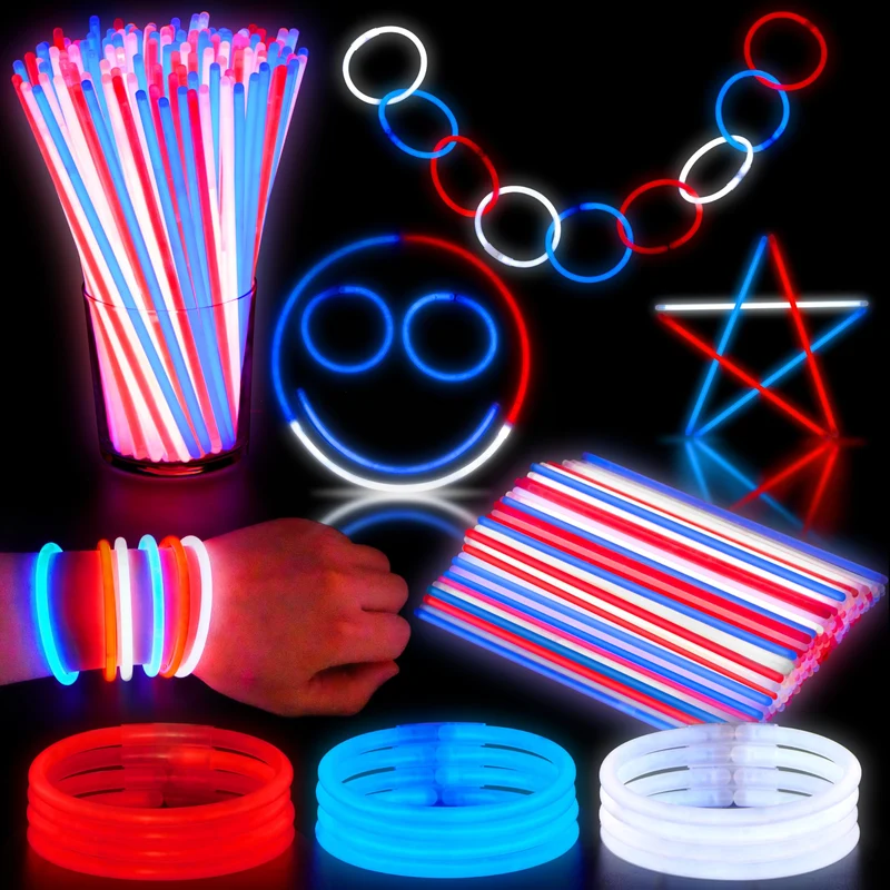 JOYIN 100 Pcs 4th of July Patriotic Glow Sticks Bulk with Connectors